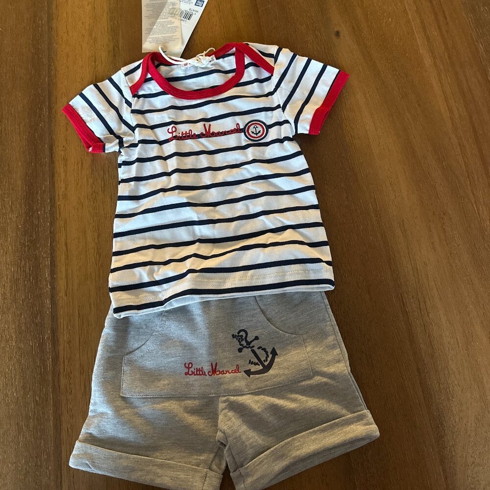 Little Marcel Baby Set - Striped T-shirt & Grey Shorts (Size 6M)
